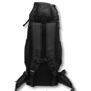 back view image of a grey dog backpack carrier with safety lock on the backpack strap