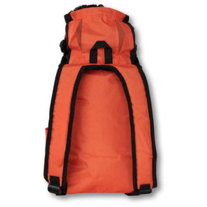 back view image of an orange dog backpack carrier with side pockets