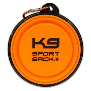 close up top view image of a orange k9 dog saucer bowl