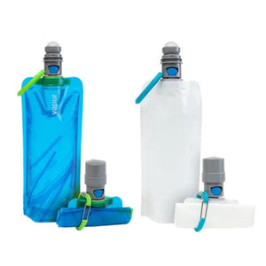 a pair of blue and white portable dog water bottle with easy squeez cap