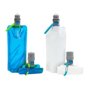 a pair of blue and white portable dog water bottle with easy squeez cap