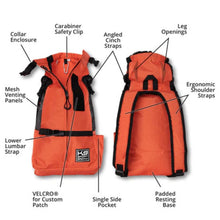 front and back image of an orange dog backpack carrier with side pockets and its specs