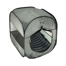 side and front view image of a grey pop up dog tent with inflatable dog bed inside 