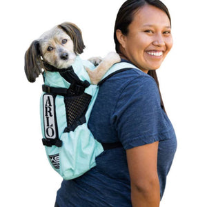 a lady in blue carrying her dog in a light blue dog backpack