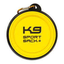 close up top view image of a yellow k9 dog saucer bowl