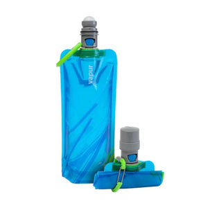 a pair of a blue folded and unfolded dog water bottle 