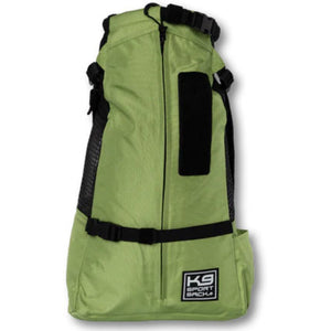 front view image of an olive green  dog backpack carrier with side pockets