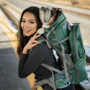 a happy woman wearing black carrying her dog on her back in a green dog backpack carrier walking on the street side 