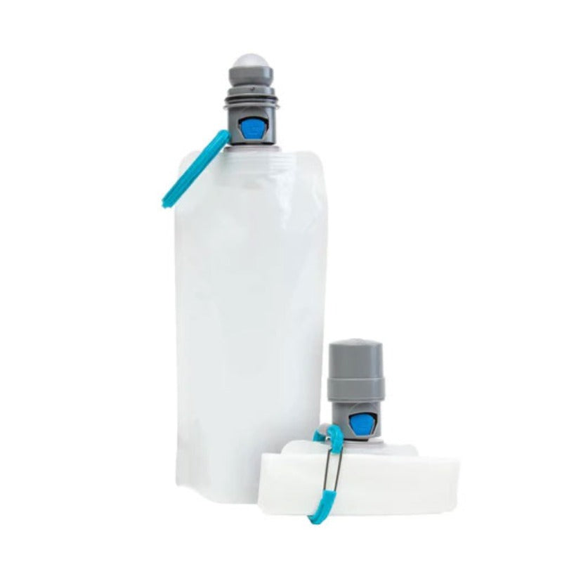 a pair of white folded and unfolded dog water bottle
