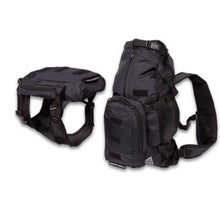 side and back view image of a black dog backpack harness