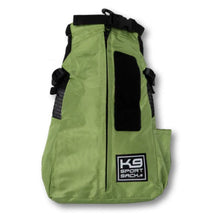 front view image of an olive green dog backpack carrier with side pockets 