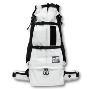 front image of a white dog backpack carrier with side and front pockets