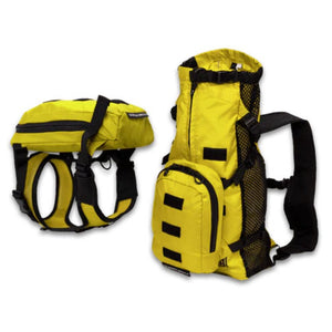 side and back view image of a yellow dog backpack harness
