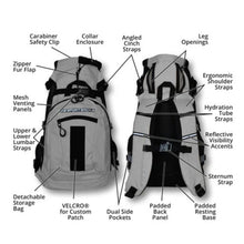 front and back view of a grey dog backpack carrier with safety straps and specs