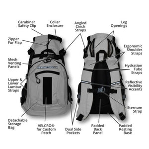 front and back view of a grey dog backpack carrier with safety straps and specs