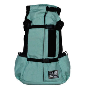 a front view image of a light blue dog backpack with side pockets