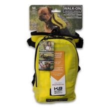 front image of a yellow dog harness and backpack with product tag on it 