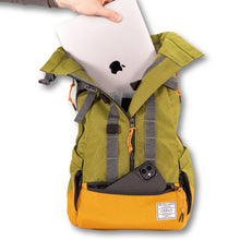 an image of a man's arm fitting a laptop inside an open leafy green dog backpack carrier with a phone inserted on the front pocket