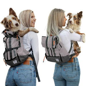 A woman wearing white with long blonde hair carrying her dog on her back in a grey dog backpack carrier and her other picture is carrying her dog while wearing a dog carrier on her back