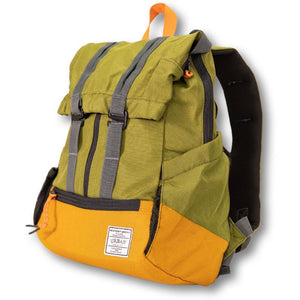 side view image of a folded leafy dog backpack carrier with side pockets and shoulder straps 