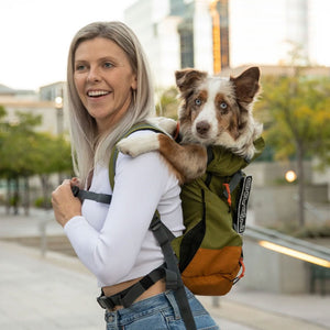 A happy woman with long blonde  hair walking on the park with her don on her back on a green dog backpack carrier 