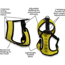 side and back view image of a yellow dog harness with it's specifications