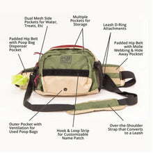 a green shoulder and hip bag with it's description on each part