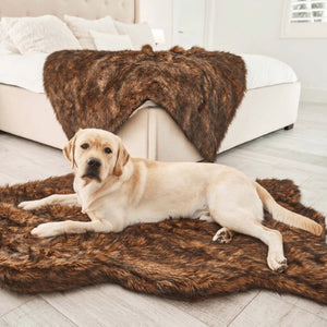 a labrador on the floor laying on a brown fluffy dog bed next to a white modern bed with brown fluffy dog blanket in an all white modern bedroom