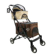 Full view image of a brown double decker dog stroller attached to a black dog stroller frame facing right