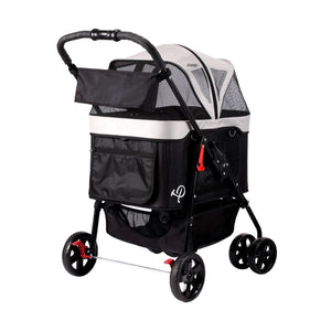 back view image of a black and white dog stroller with black frame