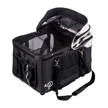 top view image of an opened black and white dog carrier with shoulder sling 