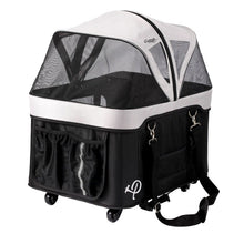 side view image of a black and white dog carrier with side pockets and shoulder strap