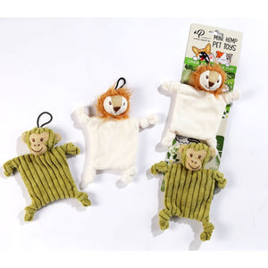 Two sets of Petique's Mini Flying Hemp Monkey and Lion Dog Toys one still in packaging and the other is not 