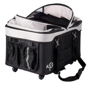 a black and white dog carrier with wheels and side pocket with an open top 