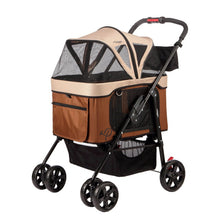 side view image of a brown dog carrier/stroller with organizer at the bottom and black frame