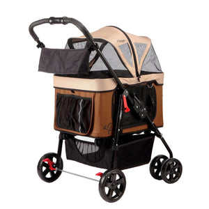 back view image of a brown dog stroller with balck frame and organizer at the bottom