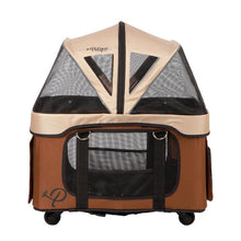 side view image of a brown dog carrier with wheels with net side ventilation and four wheels 
