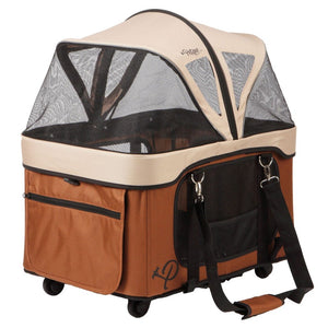 side view image of a brown dog carrier with net top cover and net side ventilation 