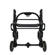 Front view image of a folded black dog stroller frame