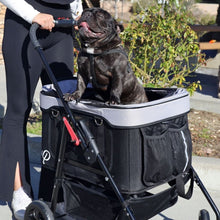 a woman pushing her dog inside a black and grey dog stroller on the side walk 