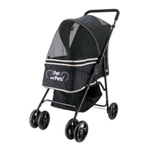 side view image of a four wheeled black dog stroller with organizer 