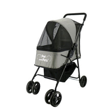 side view image of a four wheeled grey dog stroller with organizer