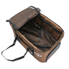 Top view image of a brown dog carrier with its top lid opened 