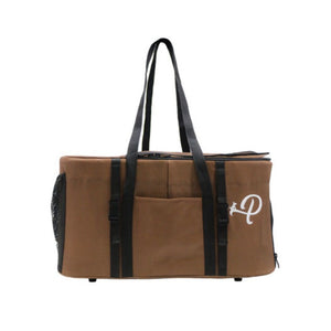 Side view image of a brown folded dog carrier 