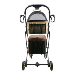 back view image of a brown dog carriers attached to a black dog stroller frame 