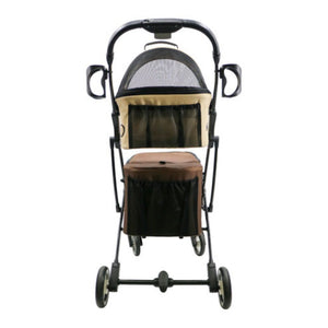 back view image of a brown dog carriers attached to a black dog stroller frame