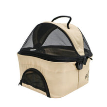 Full view image of a brown dog carrier with top lids closed and side doors closed 