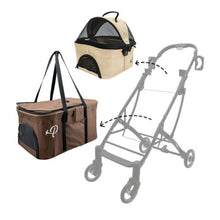 Instructional image on where to attach the brown dog carriers on a black dog frame 