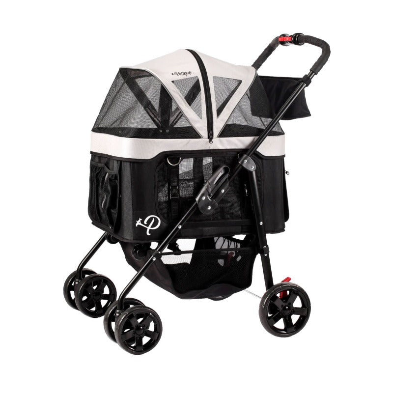 sideview image of a black and white stroller with organizer at the bottom and black frame