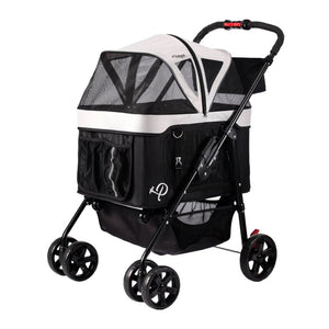 side view image of a black and white dog stroller with organizer at the bottom and black frame 